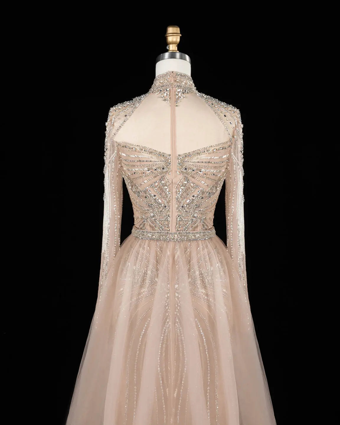 SS171 Champagne beaded high neck long sleeve evening dress view 3