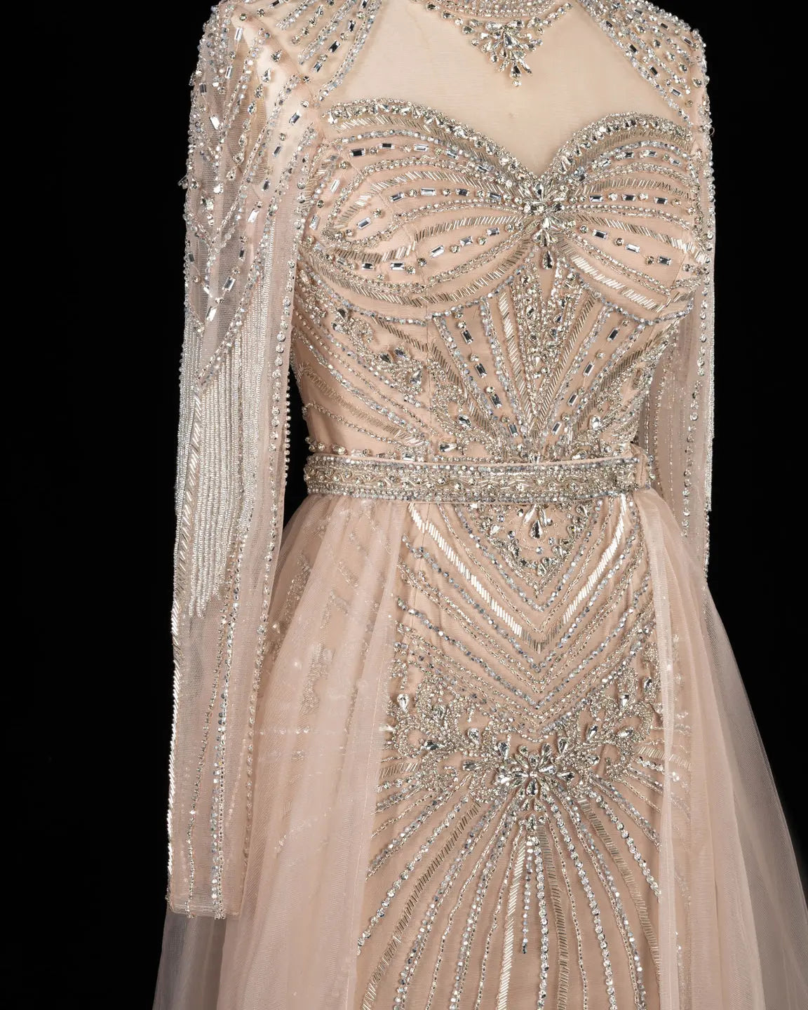 SS171 Champagne beaded high neck long sleeve evening dress view 4