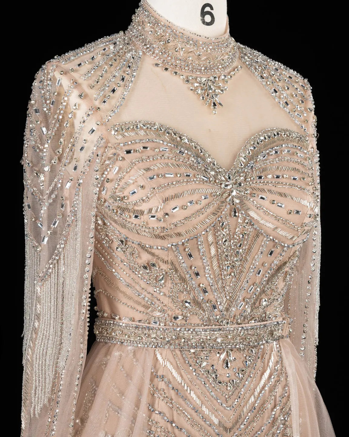SS171 Champagne beaded high neck long sleeve evening dress view 5