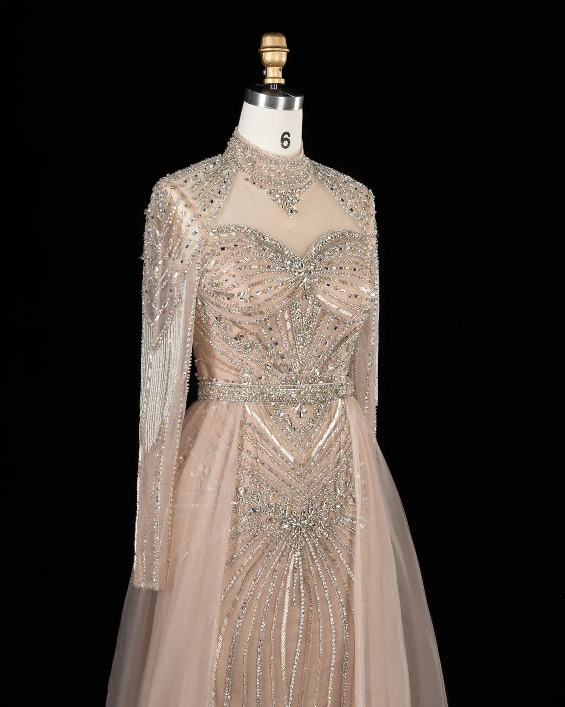 SS171 Champagne beaded high neck long sleeve evening dress view 6