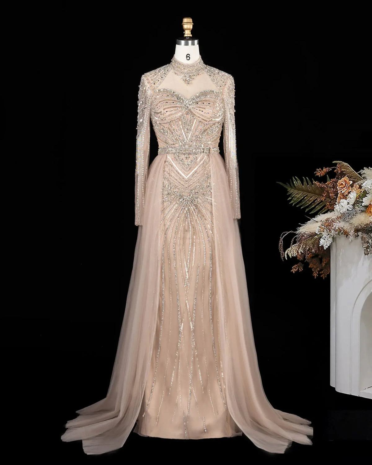 SS171 Champagne beaded high neck long sleeve evening dress view 8