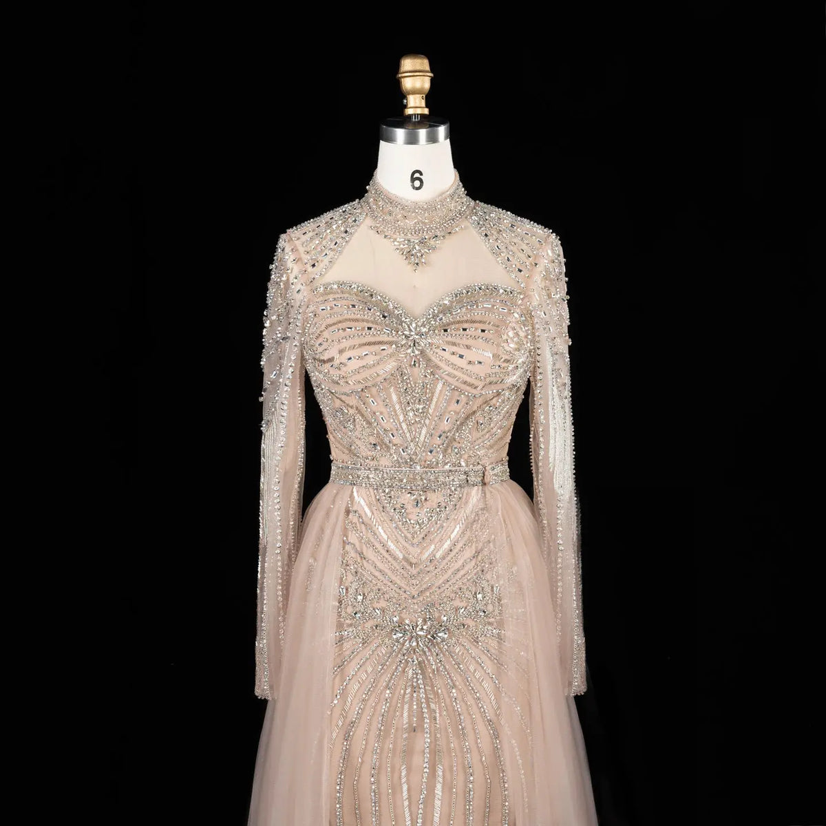 SS171 Champagne beaded high neck long sleeve evening dress view 9