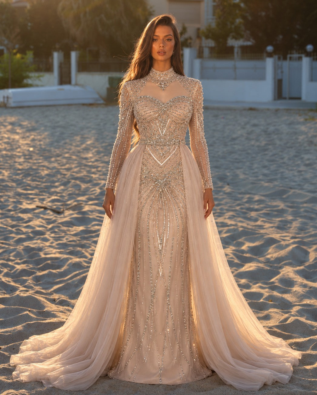 SS171 Champagne beaded high neck long sleeve evening dress view 11