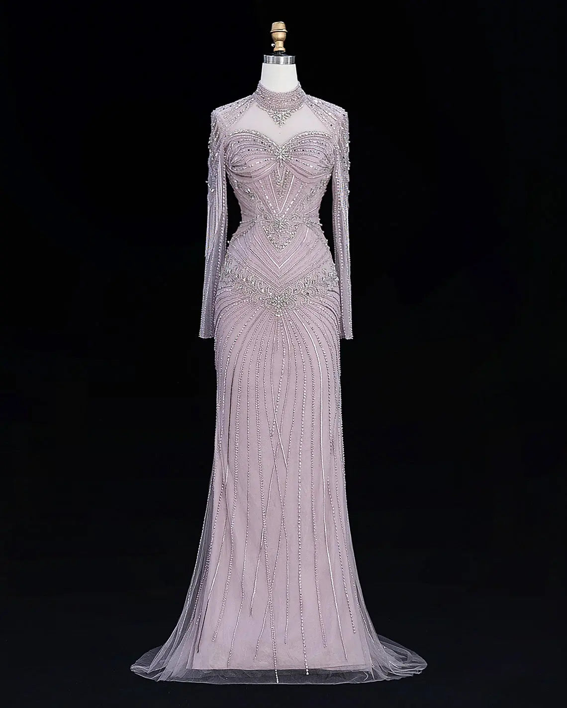 SS171 Pink beaded high neck long sleeve evening dress view 1