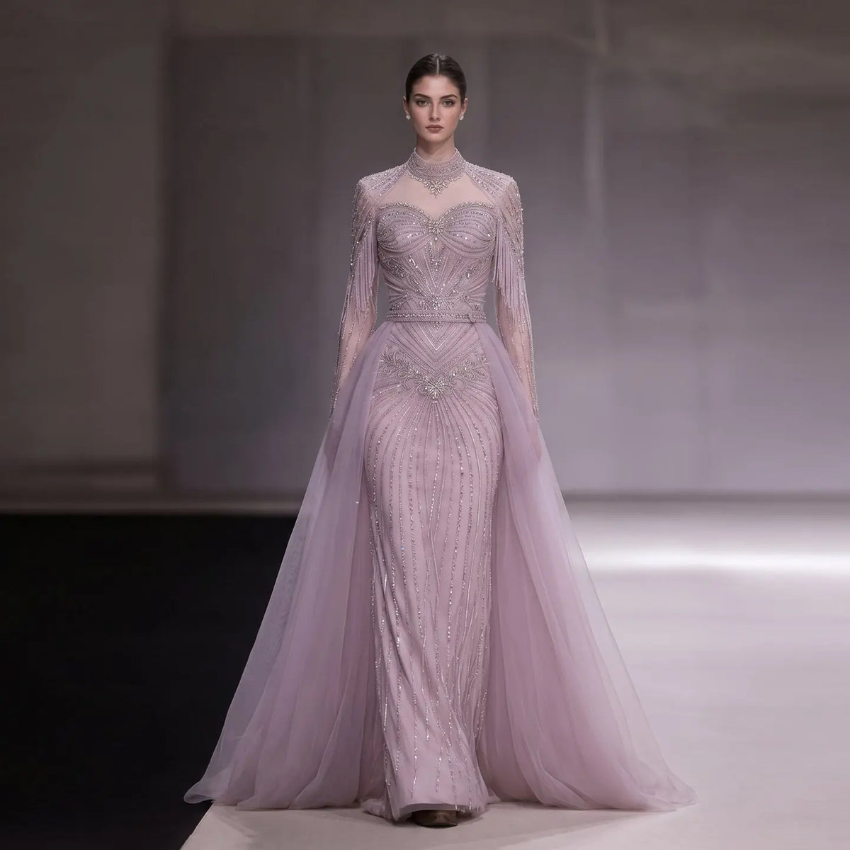 SS171 Pink beaded high neck long sleeve evening dress view 3
