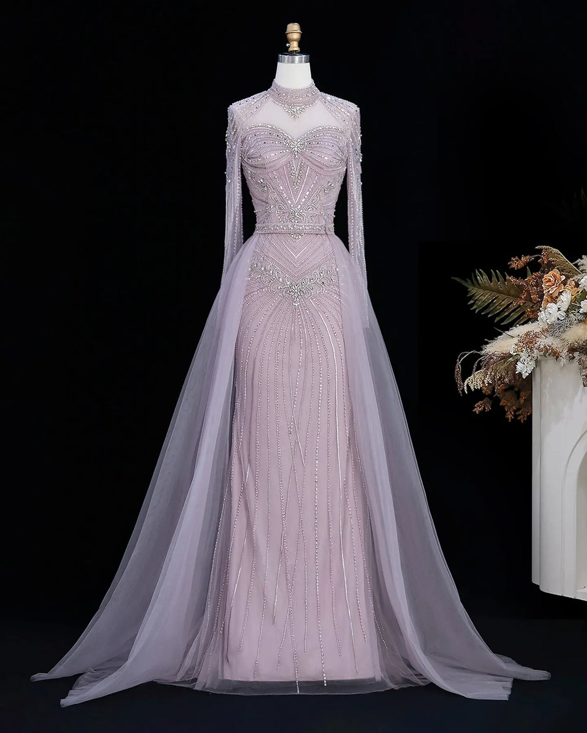 SS171 Pink beaded high neck long sleeve evening dress view 4