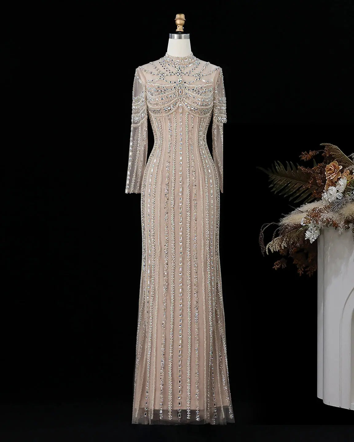 SS195 crystal beaded high neck long sleeve evening gown