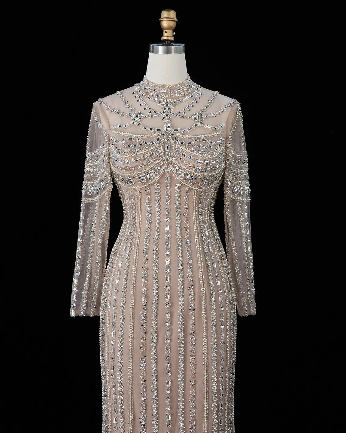 SS195 crystal beaded high neck long sleeve evening gown