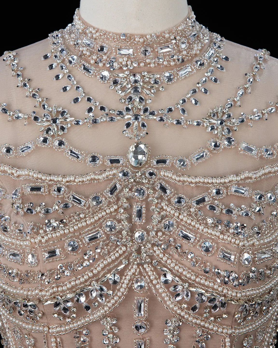 SS195 crystal beaded high neck long sleeve evening gown