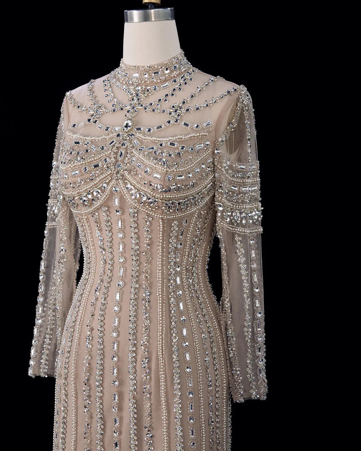 SS195 crystal beaded high neck long sleeve evening gown