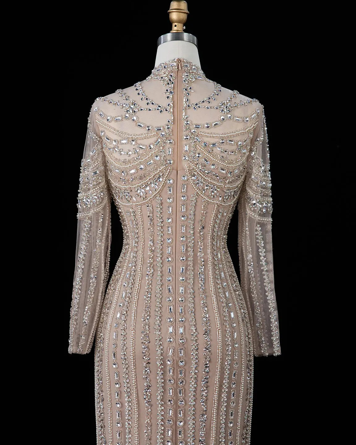 SS195 crystal beaded high neck long sleeve evening gown
