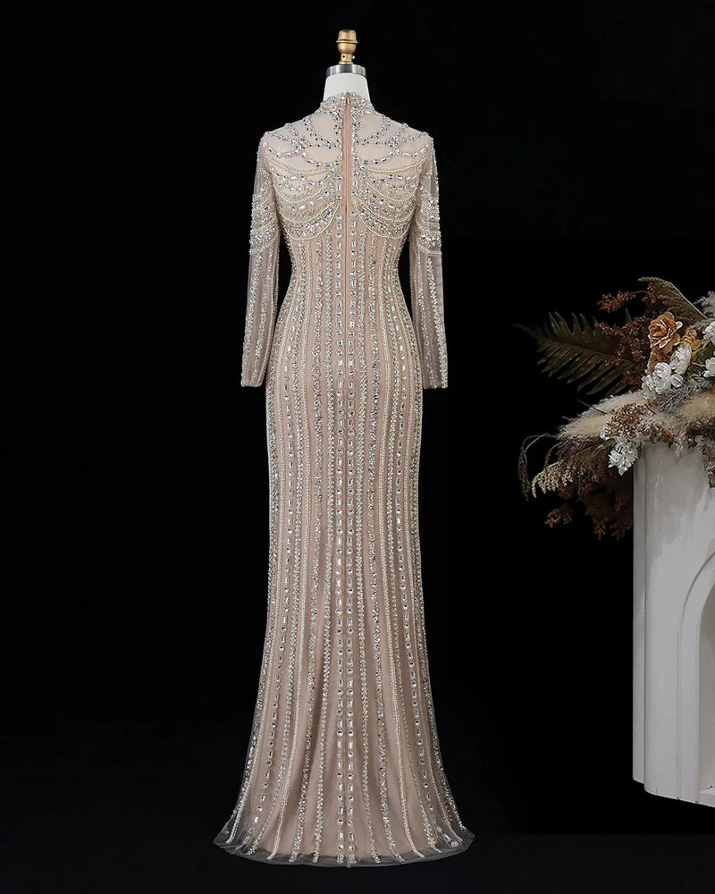 SS195 crystal beaded high neck long sleeve evening gown