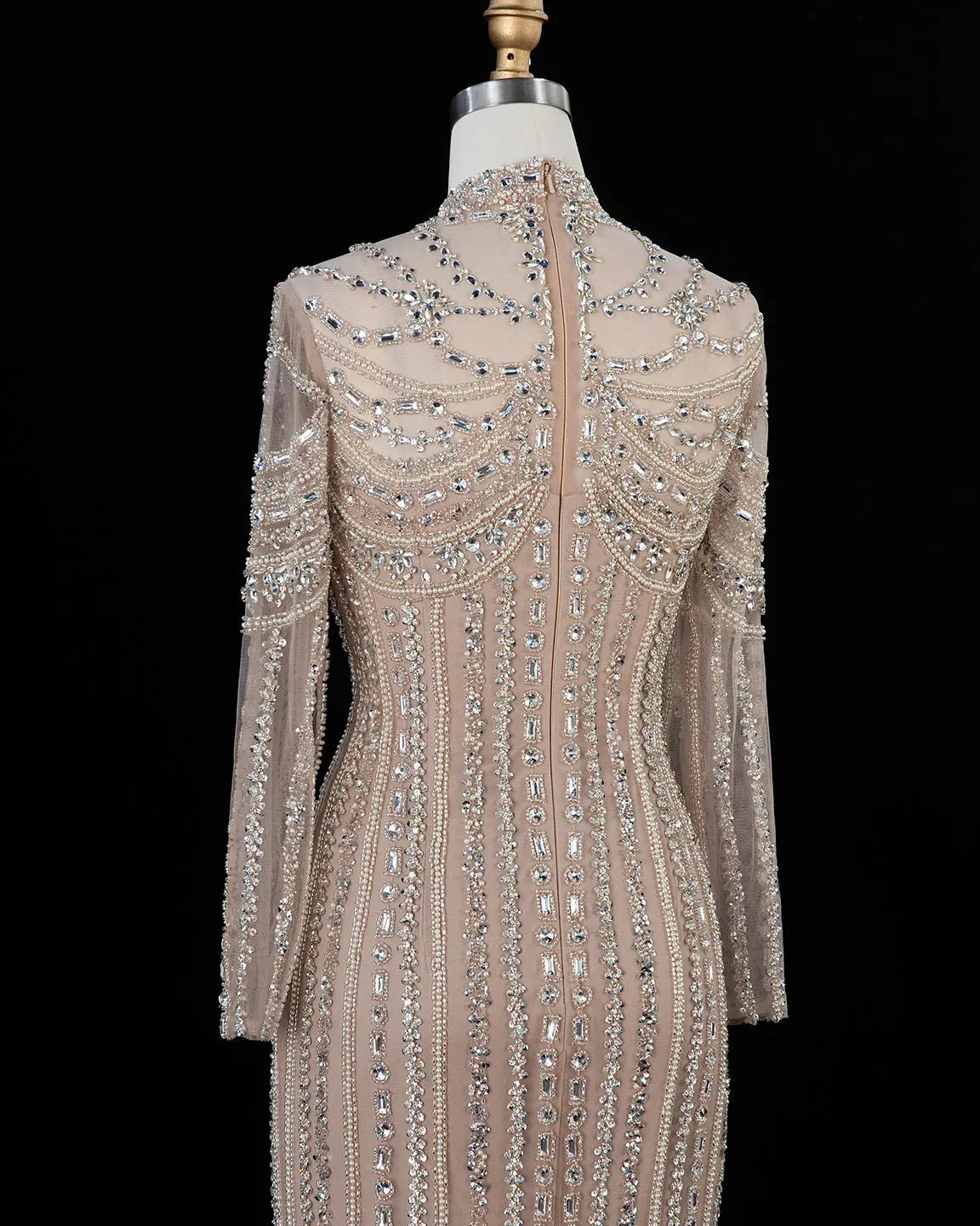 SS195 crystal beaded high neck long sleeve evening gown