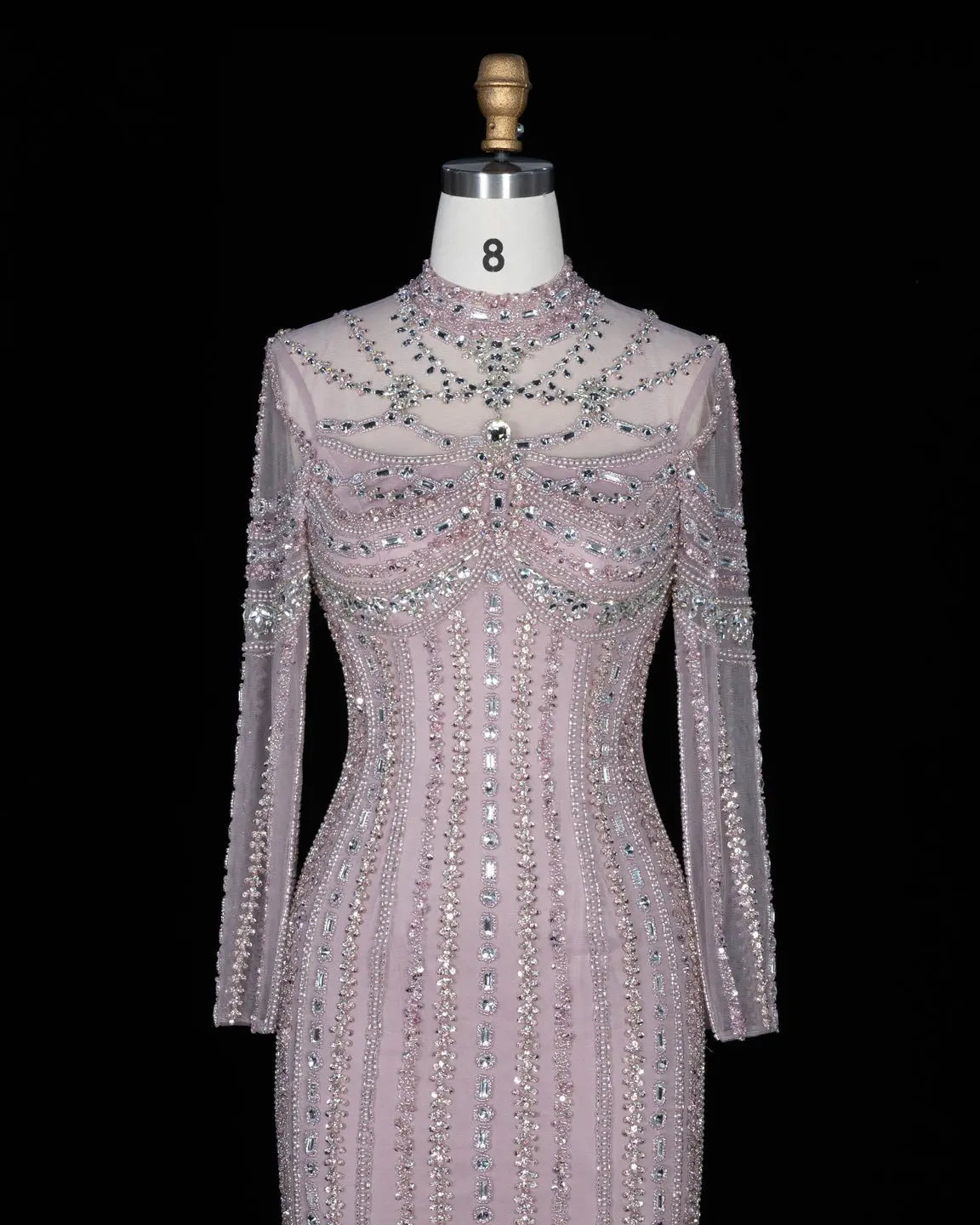 SS195 crystal beaded high neck long sleeve evening gown