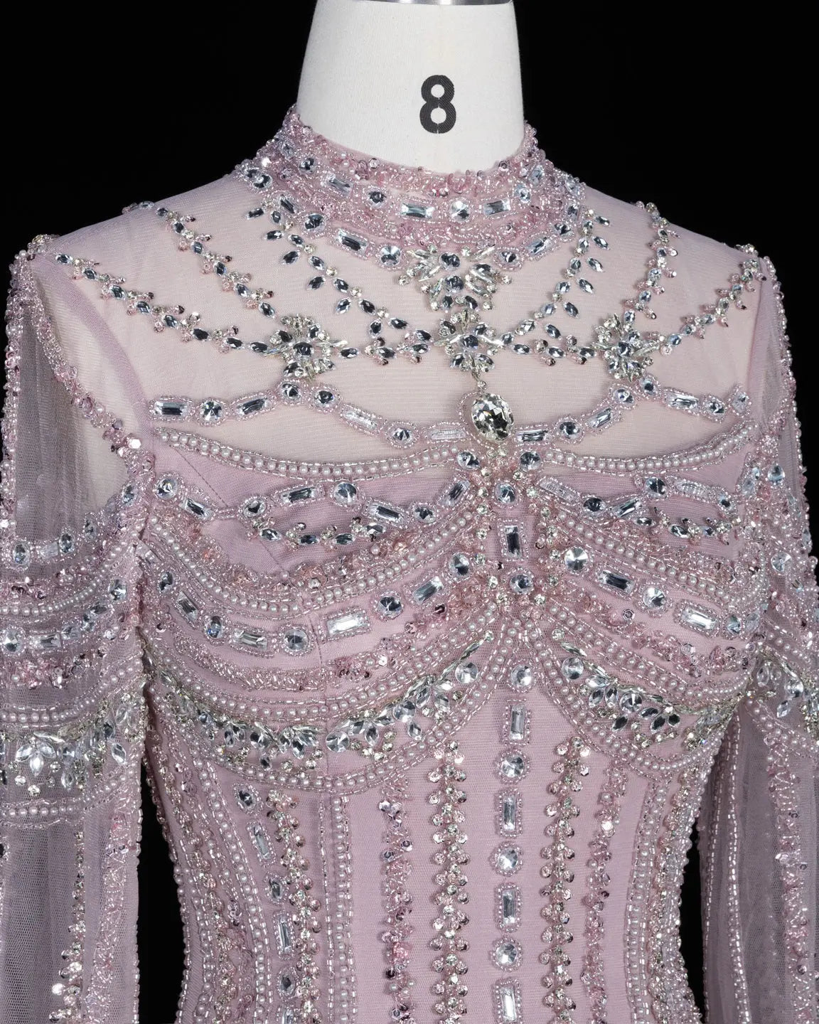 SS195 crystal beaded high neck long sleeve evening gown