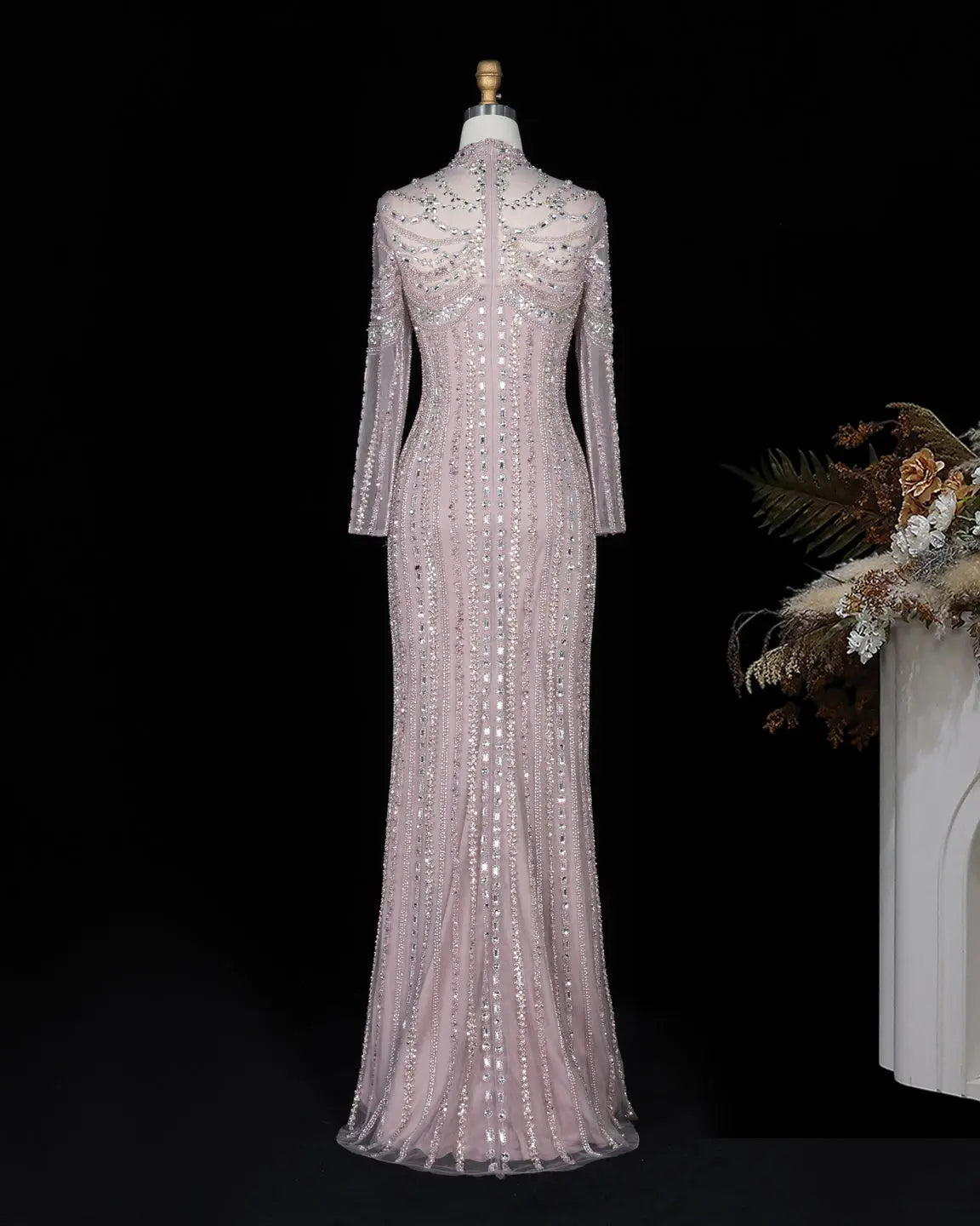 SS195 crystal beaded high neck long sleeve evening gown