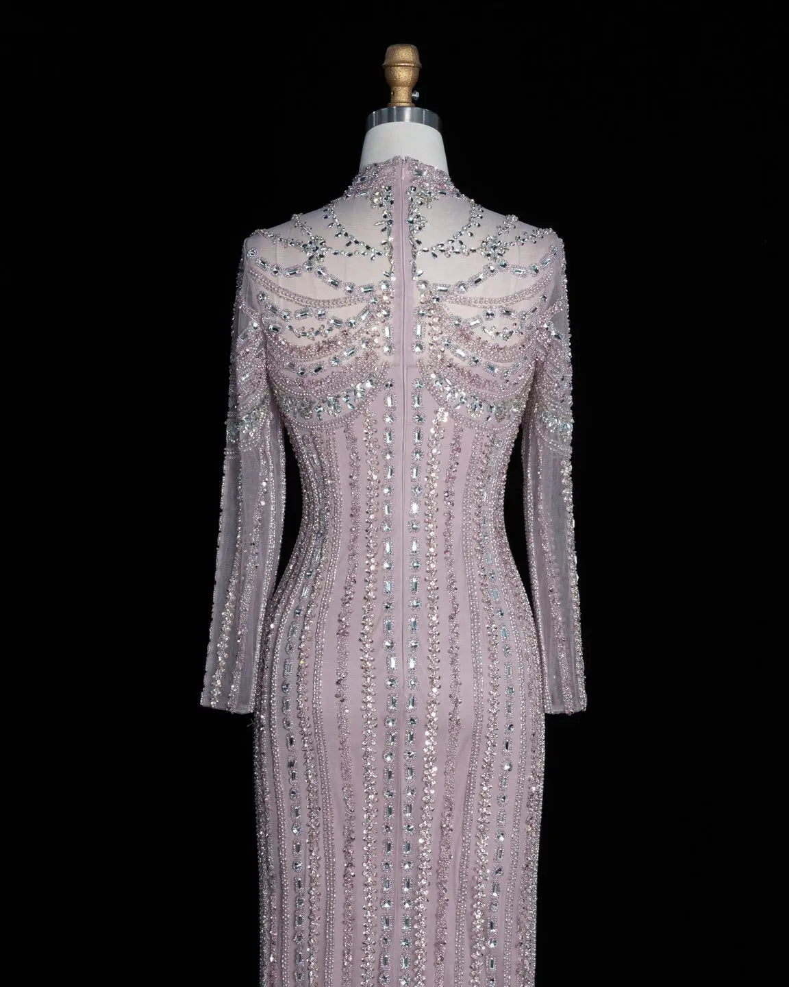 SS195 crystal beaded high neck long sleeve evening gown