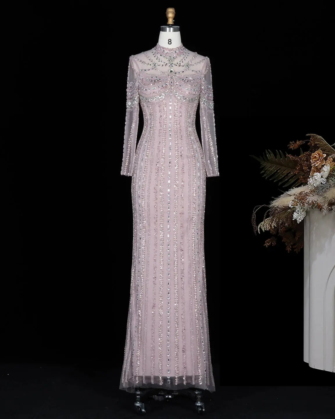 SS195 crystal beaded high neck long sleeve evening gown