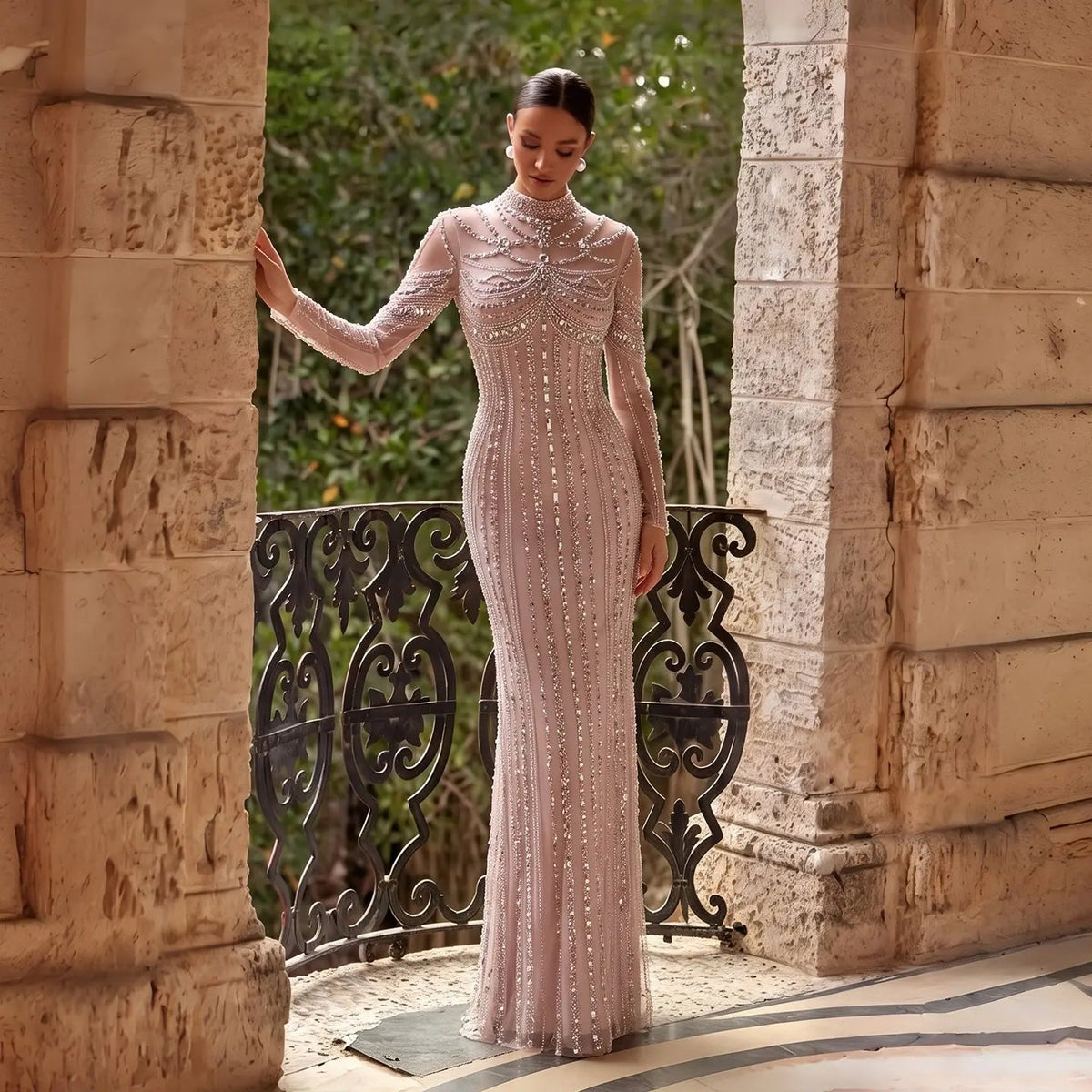SS195 crystal beaded high neck long sleeve evening gown