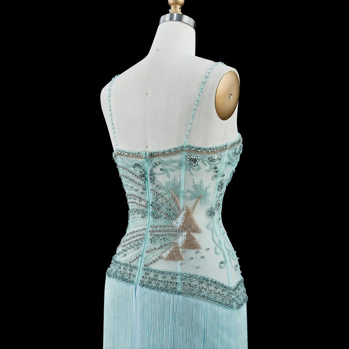 SS202 Aqua beaded sweetheart fringe column evening dress