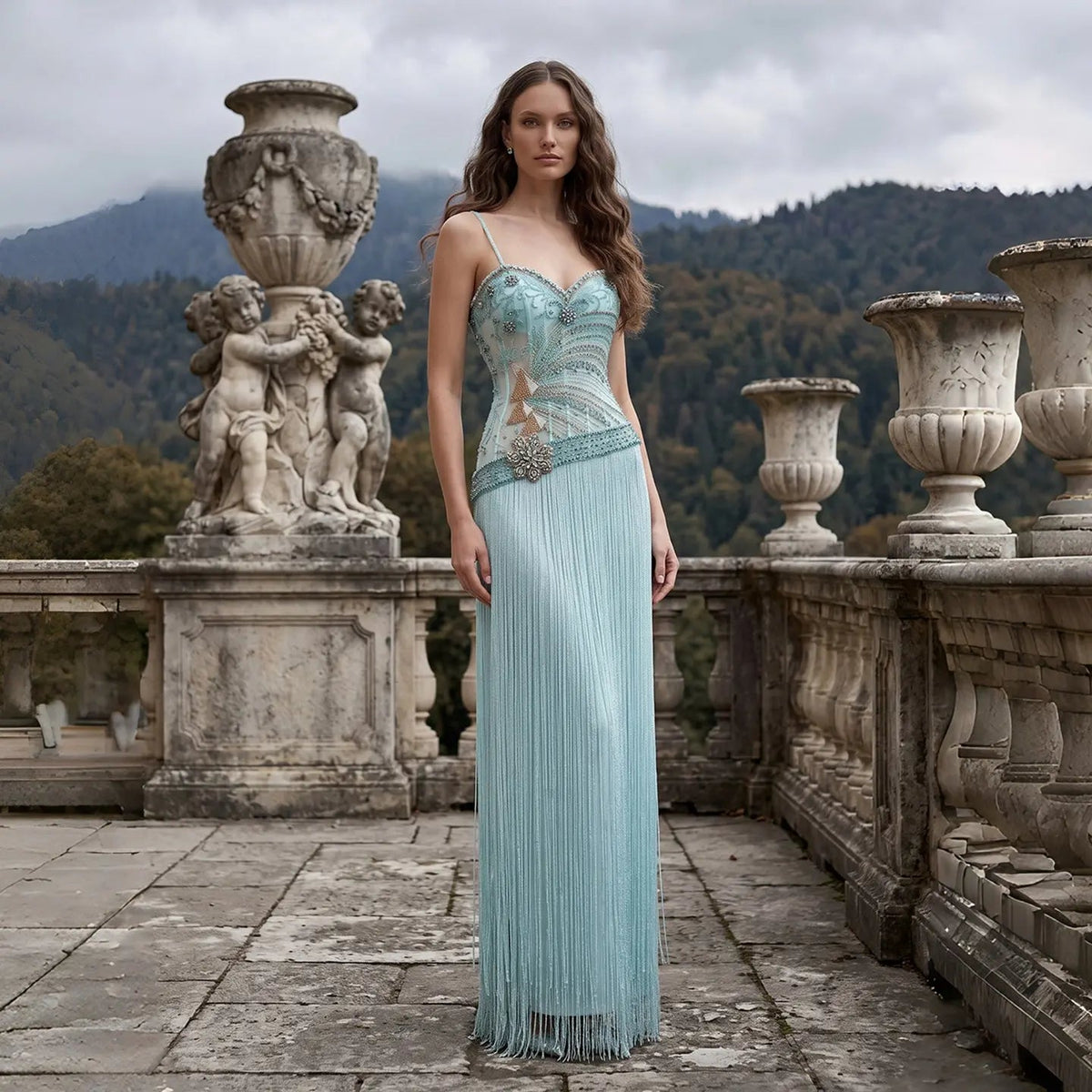 SS202 Aqua beaded sweetheart fringe column evening dress