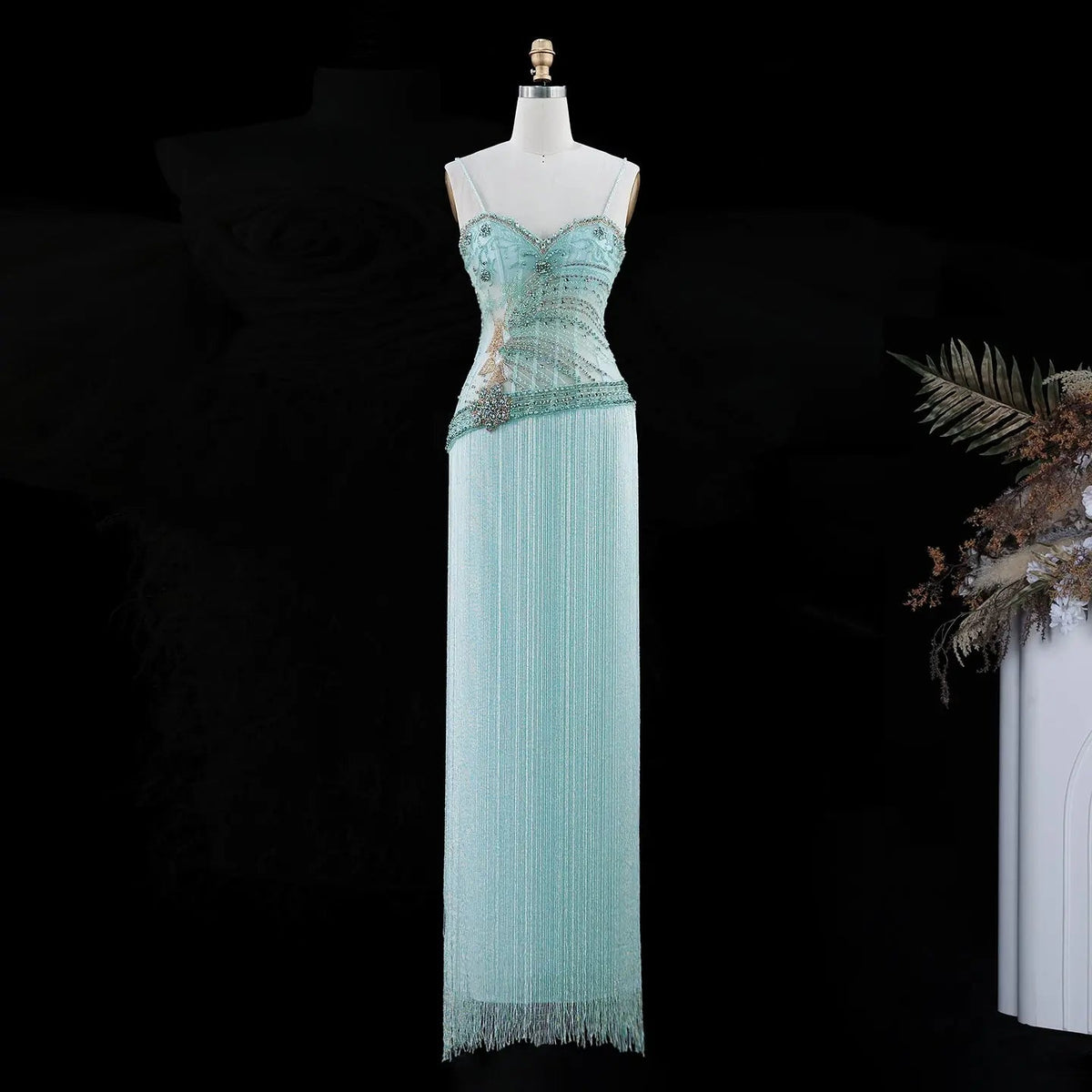 SS202 Aqua beaded sweetheart fringe column evening dress