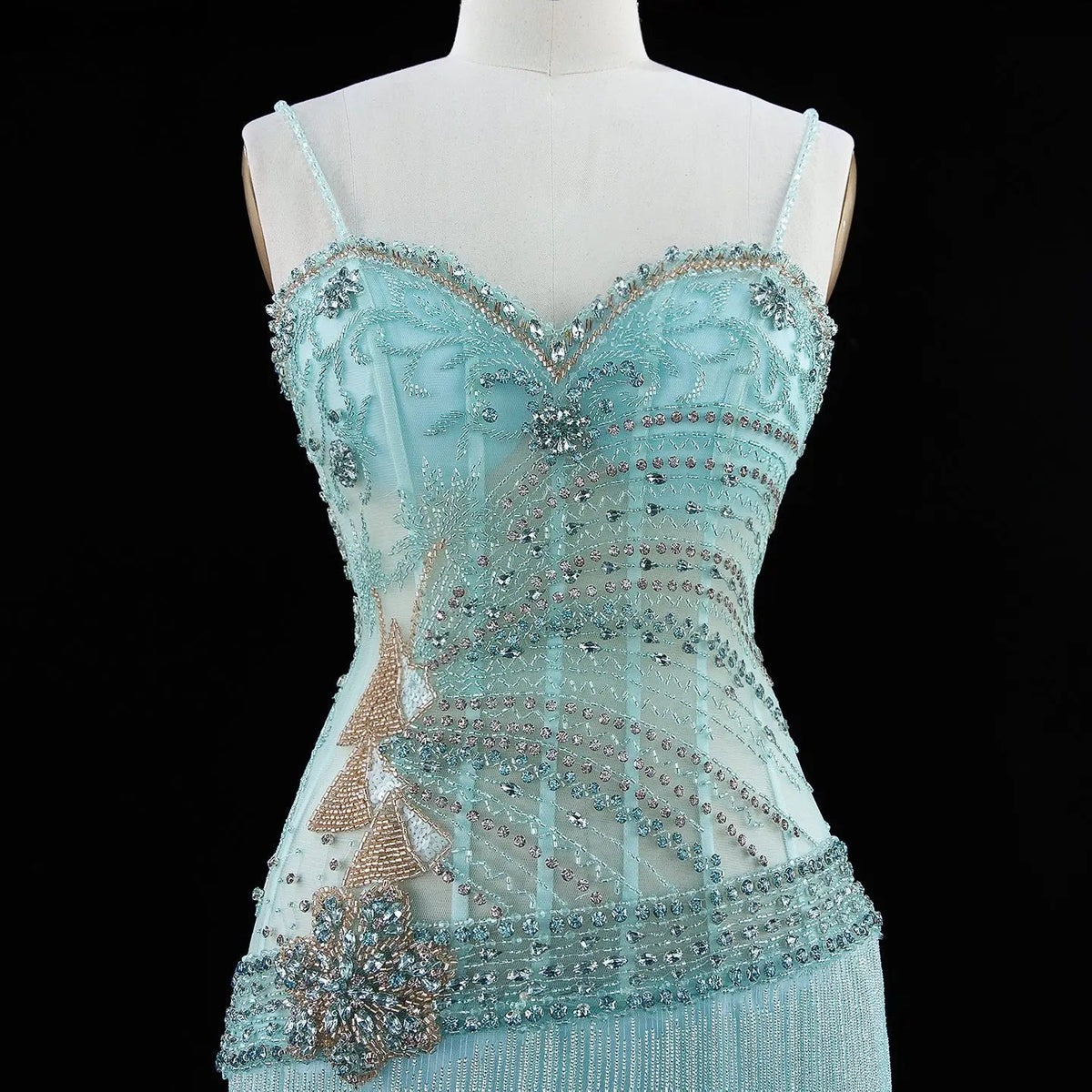 SS202 Aqua beaded sweetheart fringe column evening dress