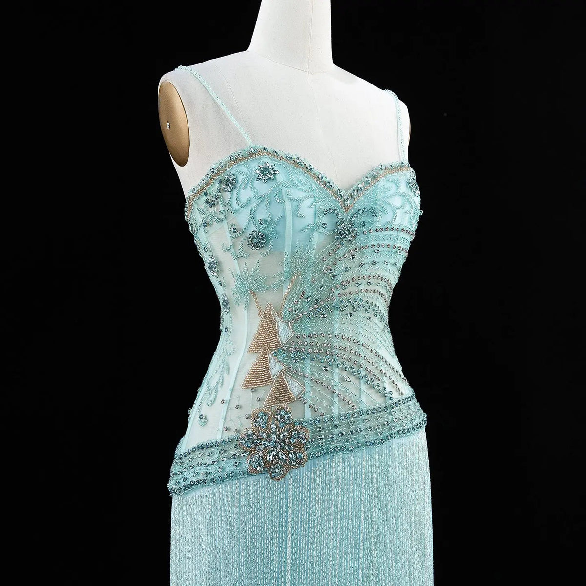 SS202 Aqua beaded sweetheart fringe column evening dress