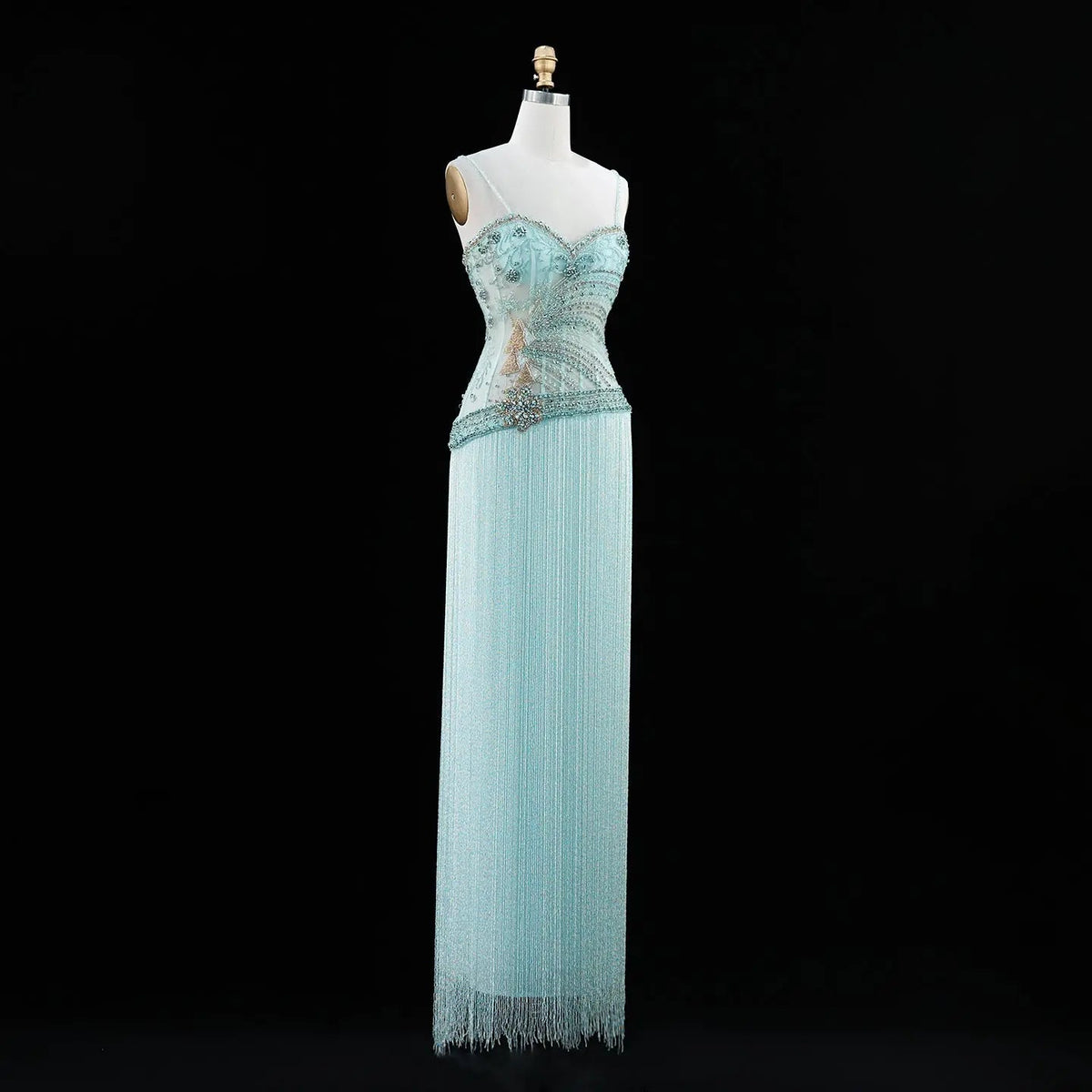 SS202 Aqua beaded sweetheart fringe column evening dress