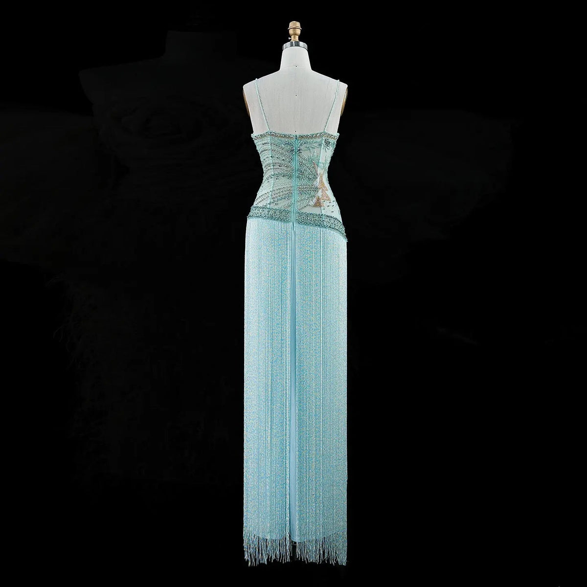 SS202 Aqua beaded sweetheart fringe column evening dress