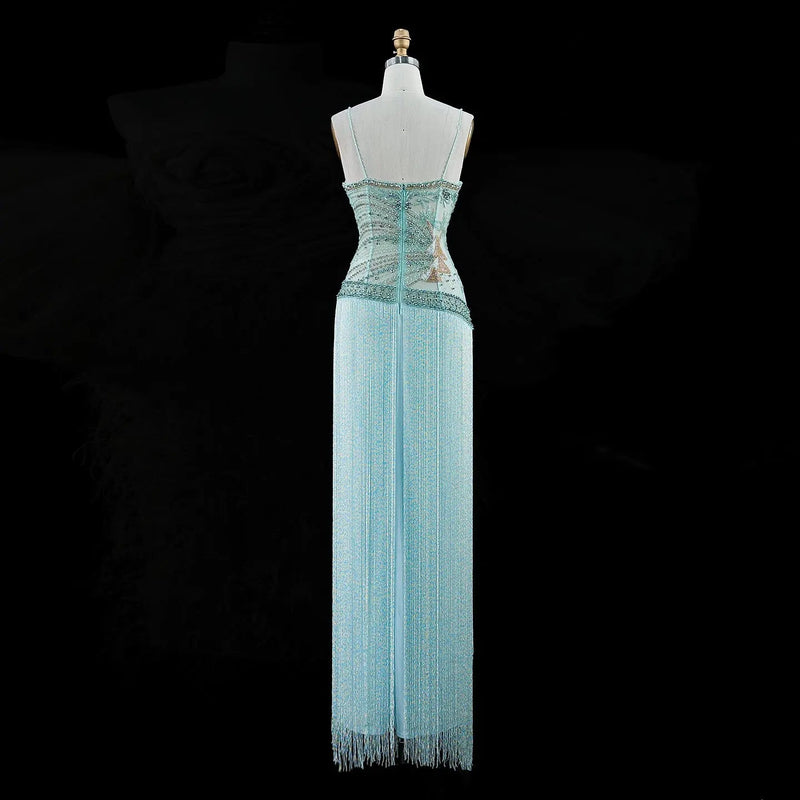 SS202 Aqua beaded sweetheart fringe column evening dress