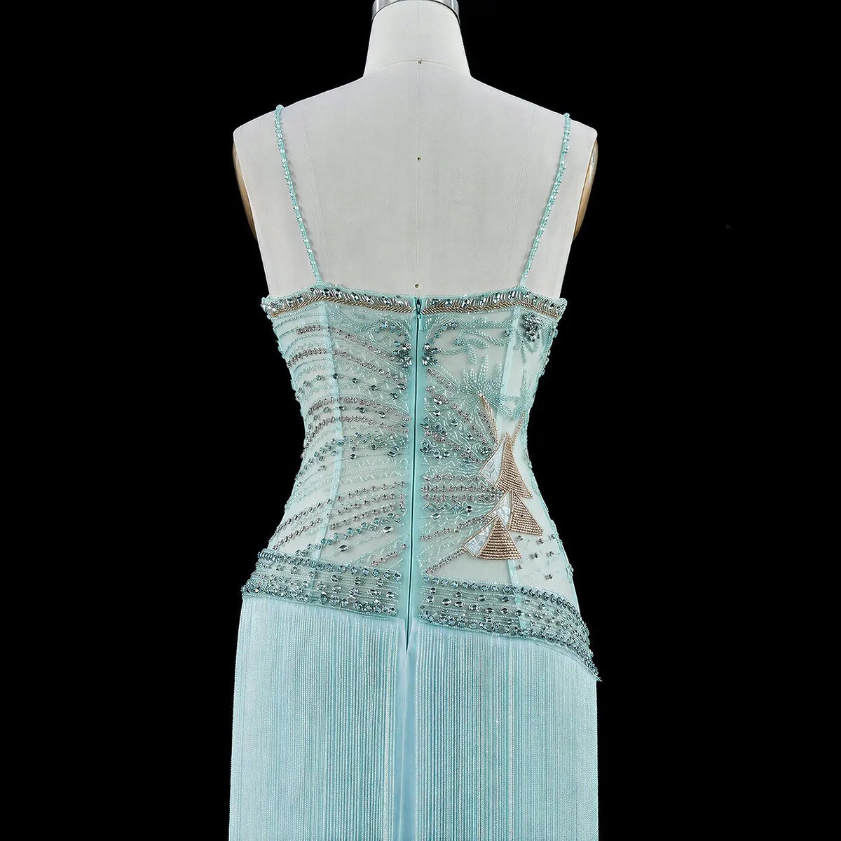 SS202 Aqua beaded sweetheart fringe column evening dress