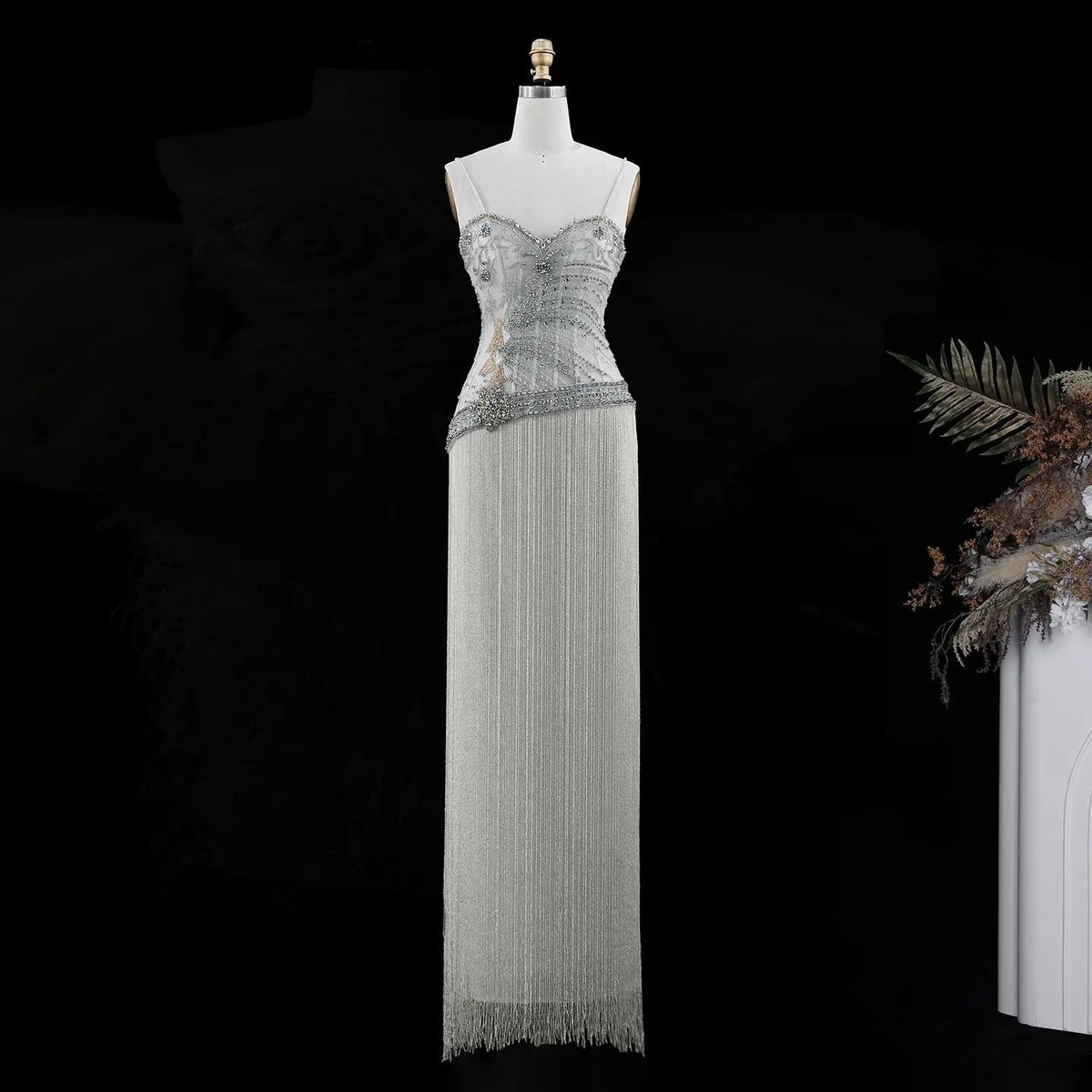SS202 Gray beaded sweetheart fringe column evening dress