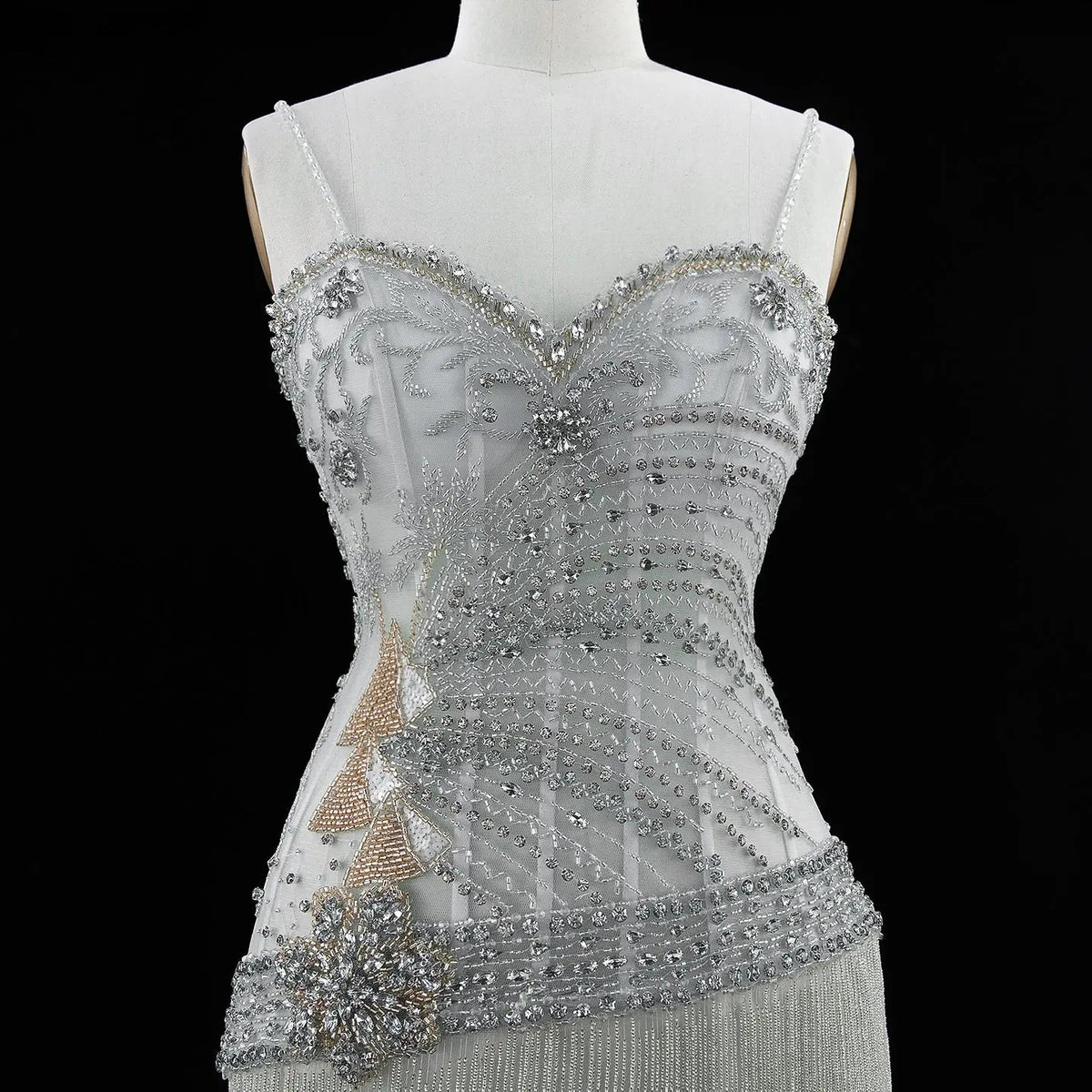 SS202 Gray beaded sweetheart fringe column evening dress
