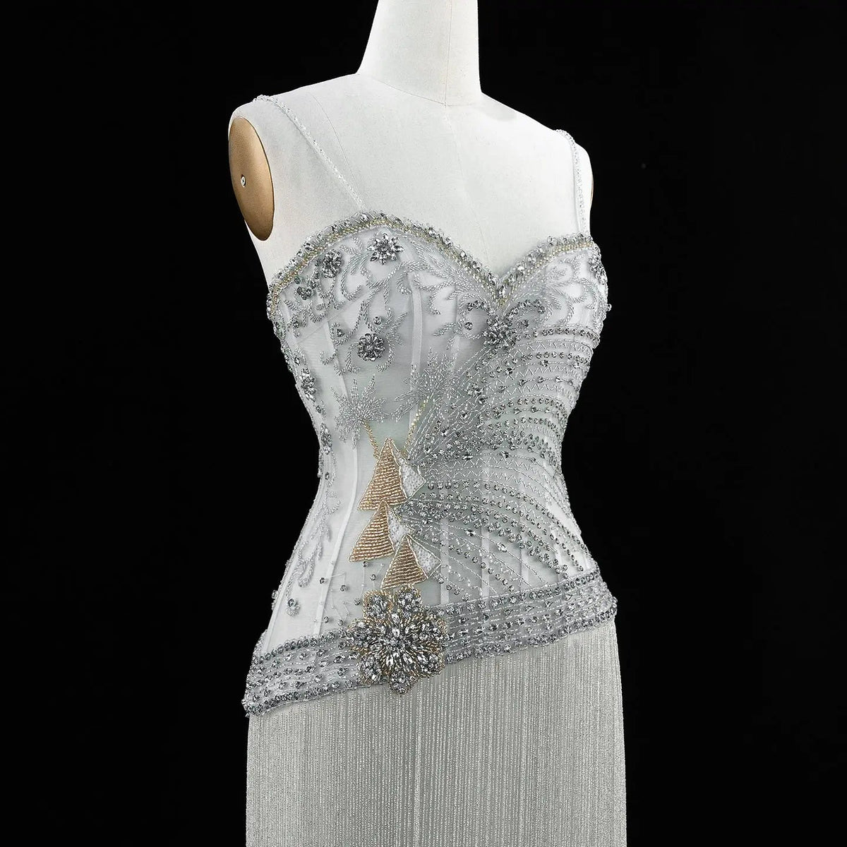 SS202 Gray beaded sweetheart fringe column evening dress