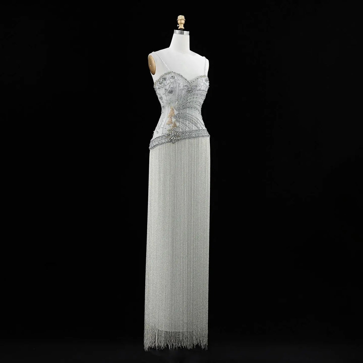 SS202 Gray beaded sweetheart fringe column evening dress