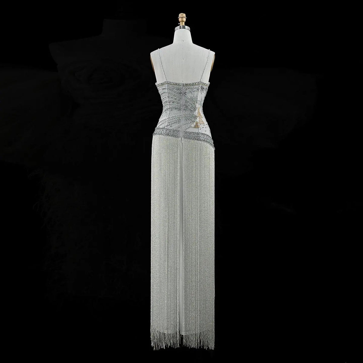 SS202 Gray beaded sweetheart fringe column evening dress