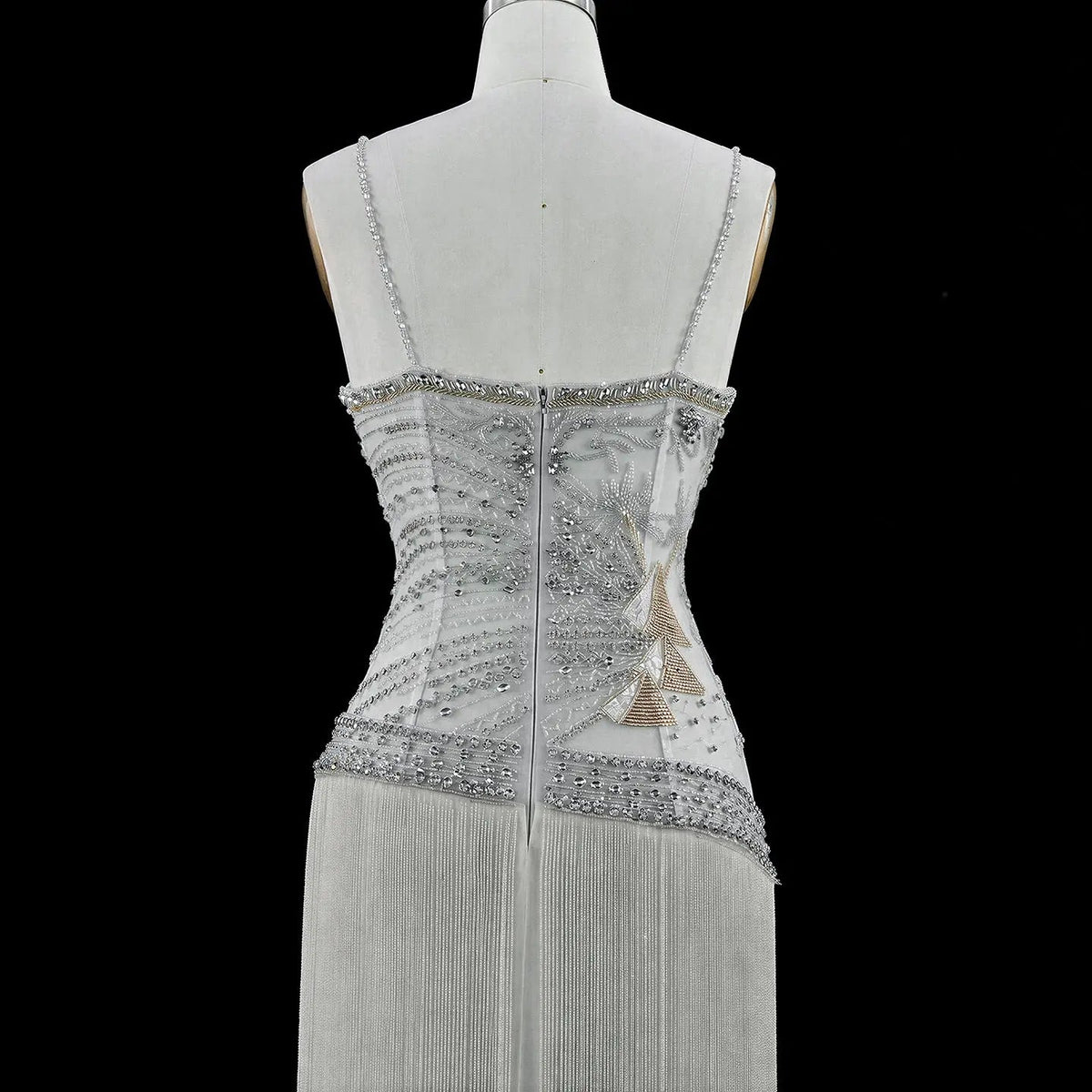 SS202 Gray beaded sweetheart fringe column evening dress