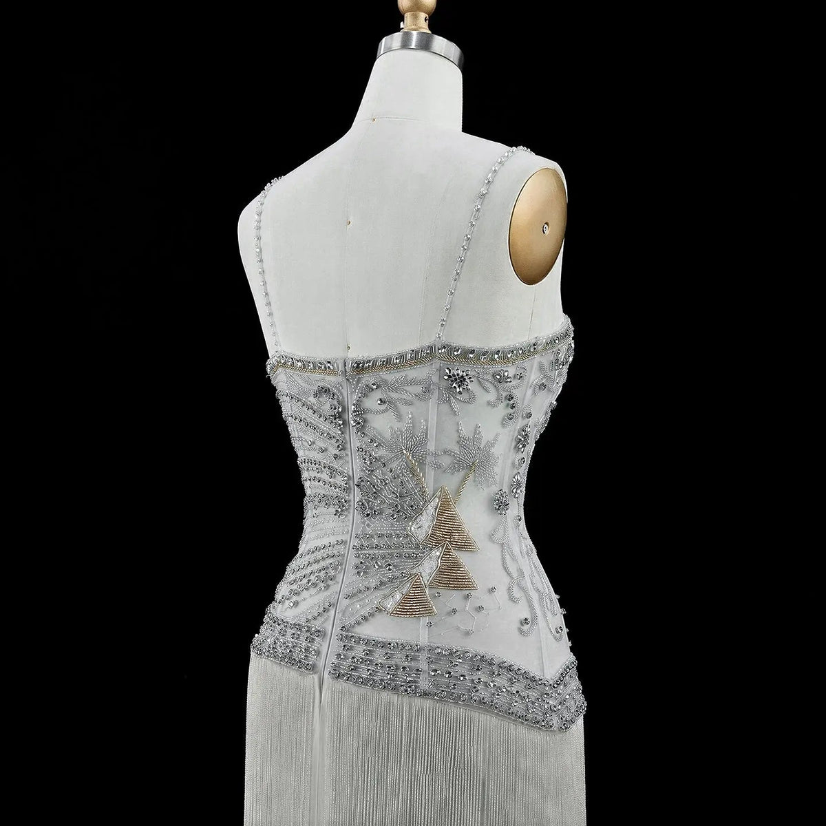 SS202 Gray beaded sweetheart fringe column evening dress