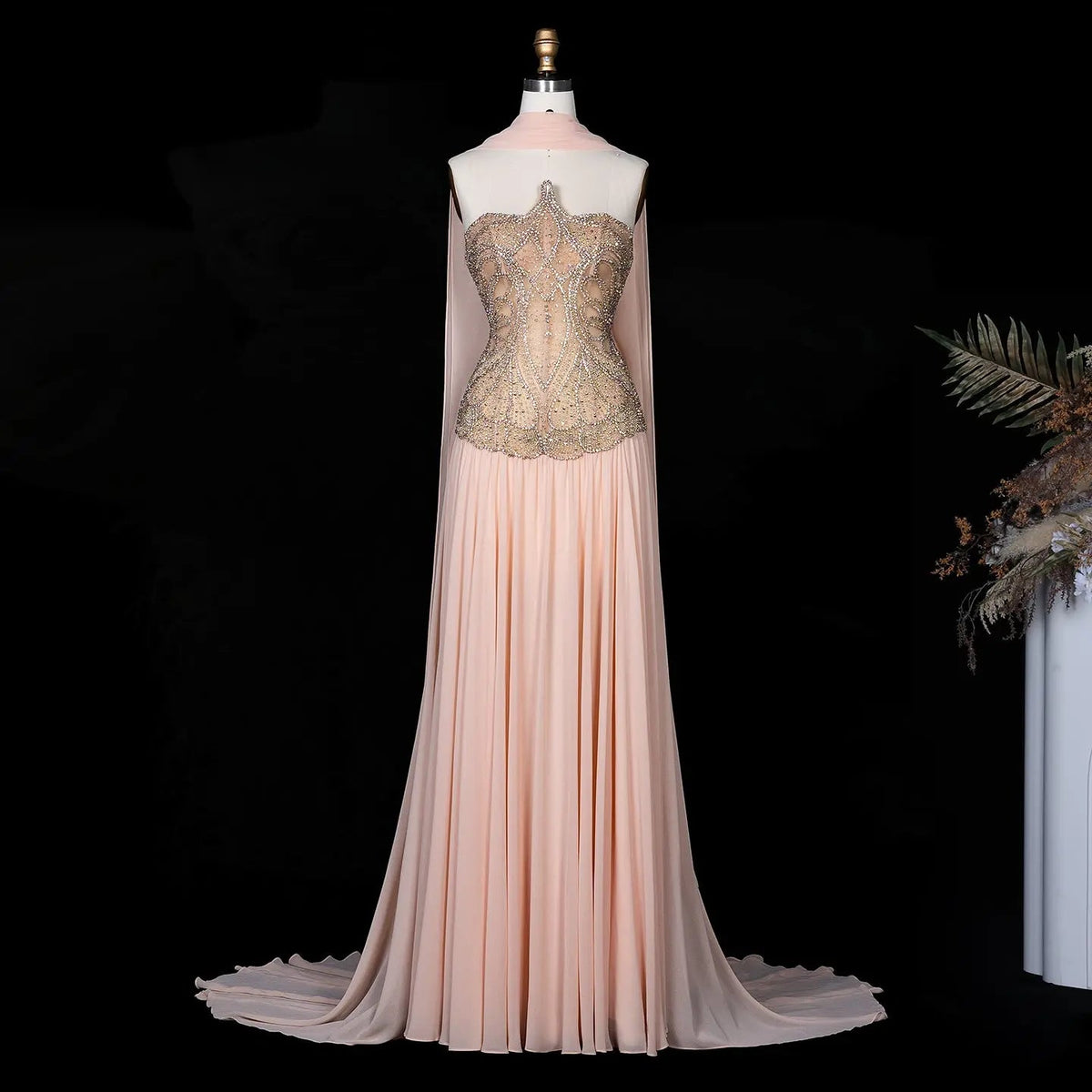 SS203 Pink beaded high-neck chiffon cape evening dress