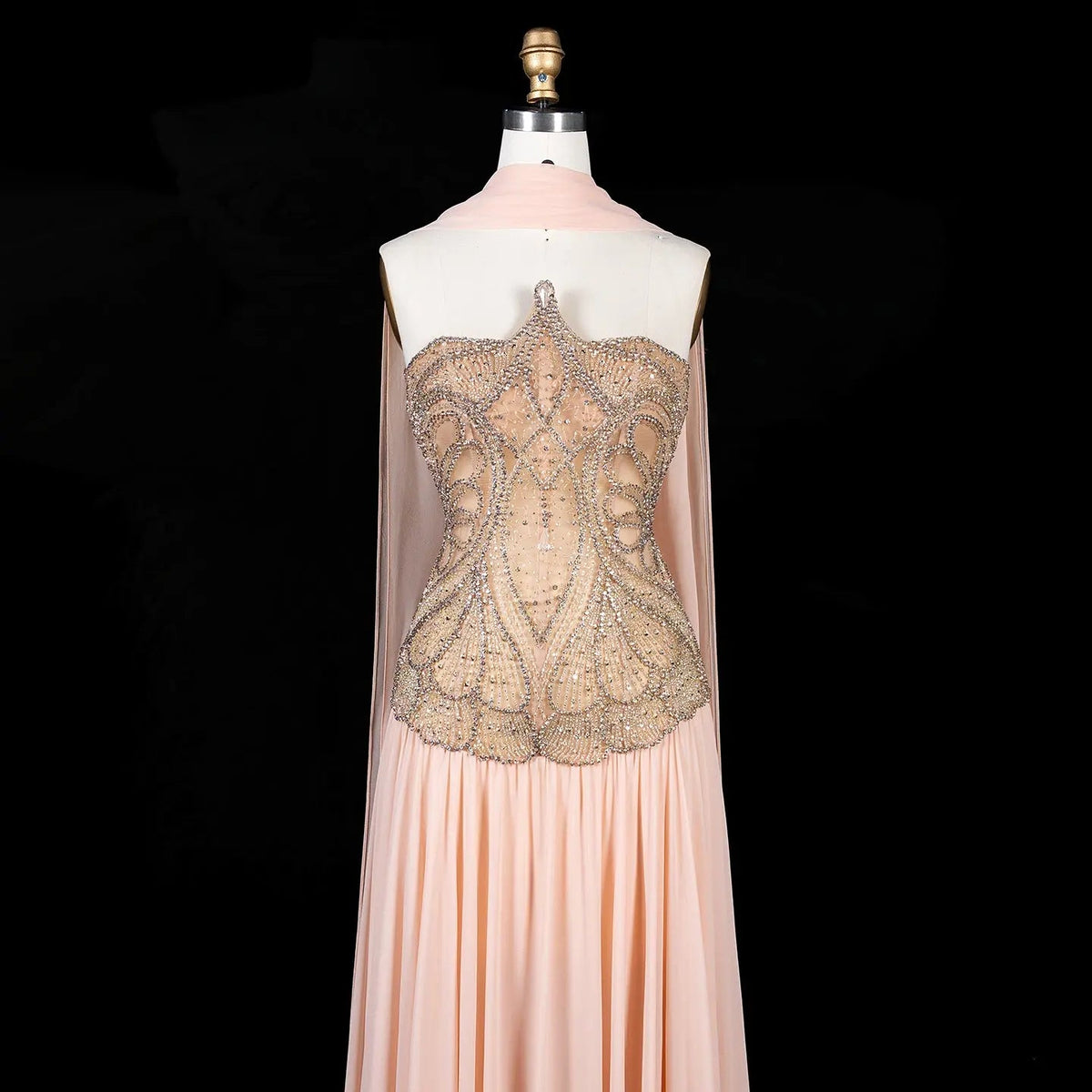 SS203 Pink beaded high-neck chiffon cape evening dress