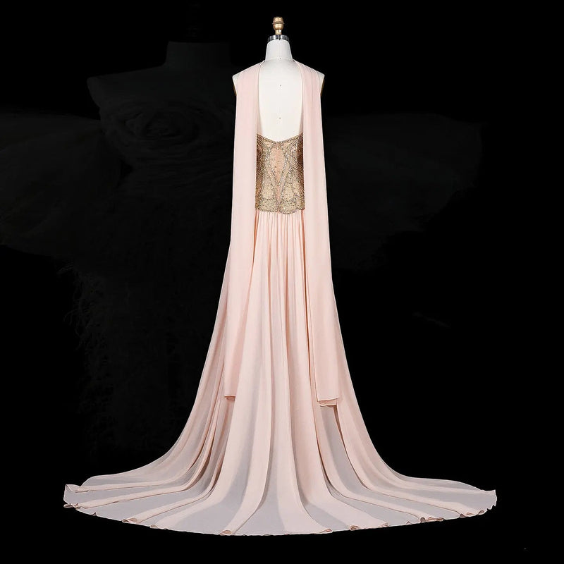 SS203 Pink beaded high-neck chiffon cape evening dress