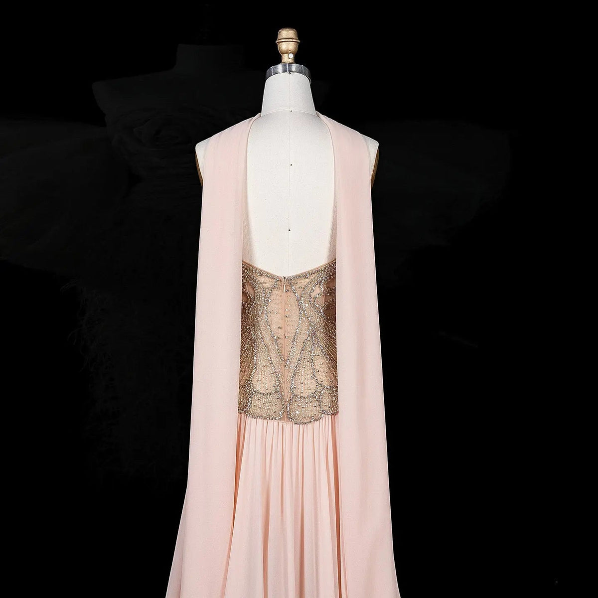 SS203 Pink beaded high-neck chiffon cape evening dress