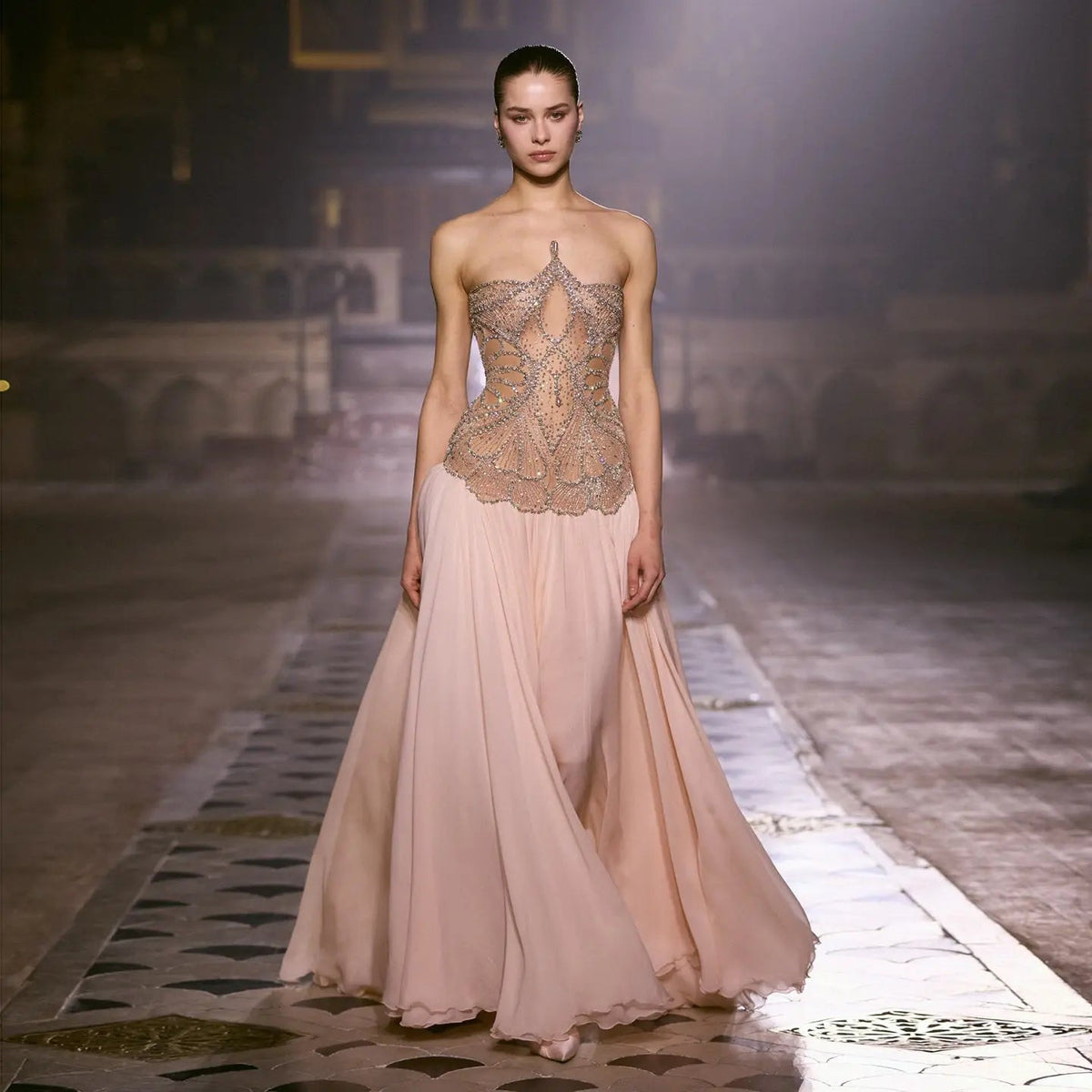 SS203 Pink beaded high-neck chiffon cape evening dress