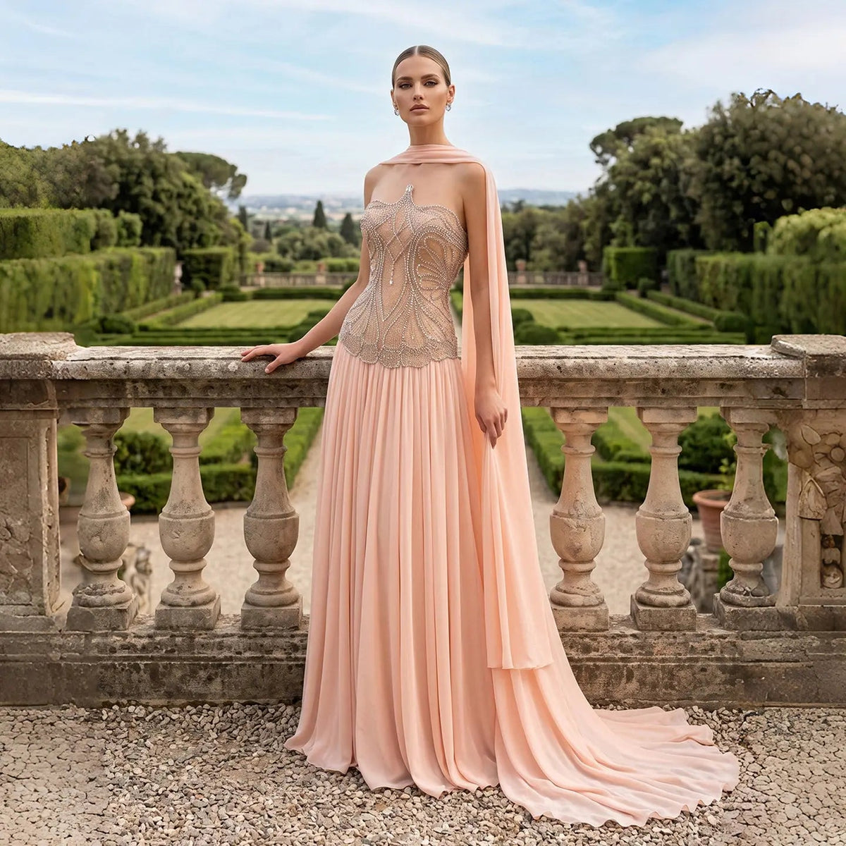SS203 Pink beaded high-neck chiffon cape evening dress
