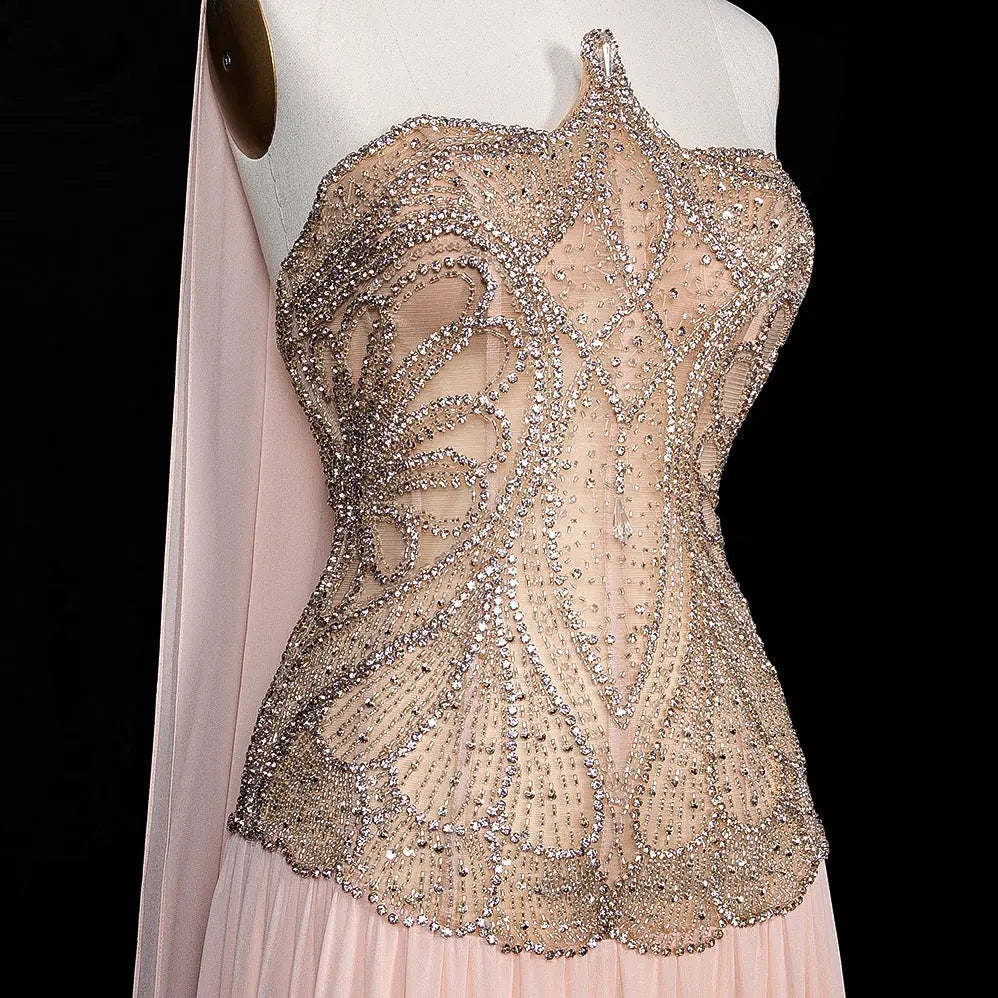 SS203 Pink beaded high-neck chiffon cape evening dress