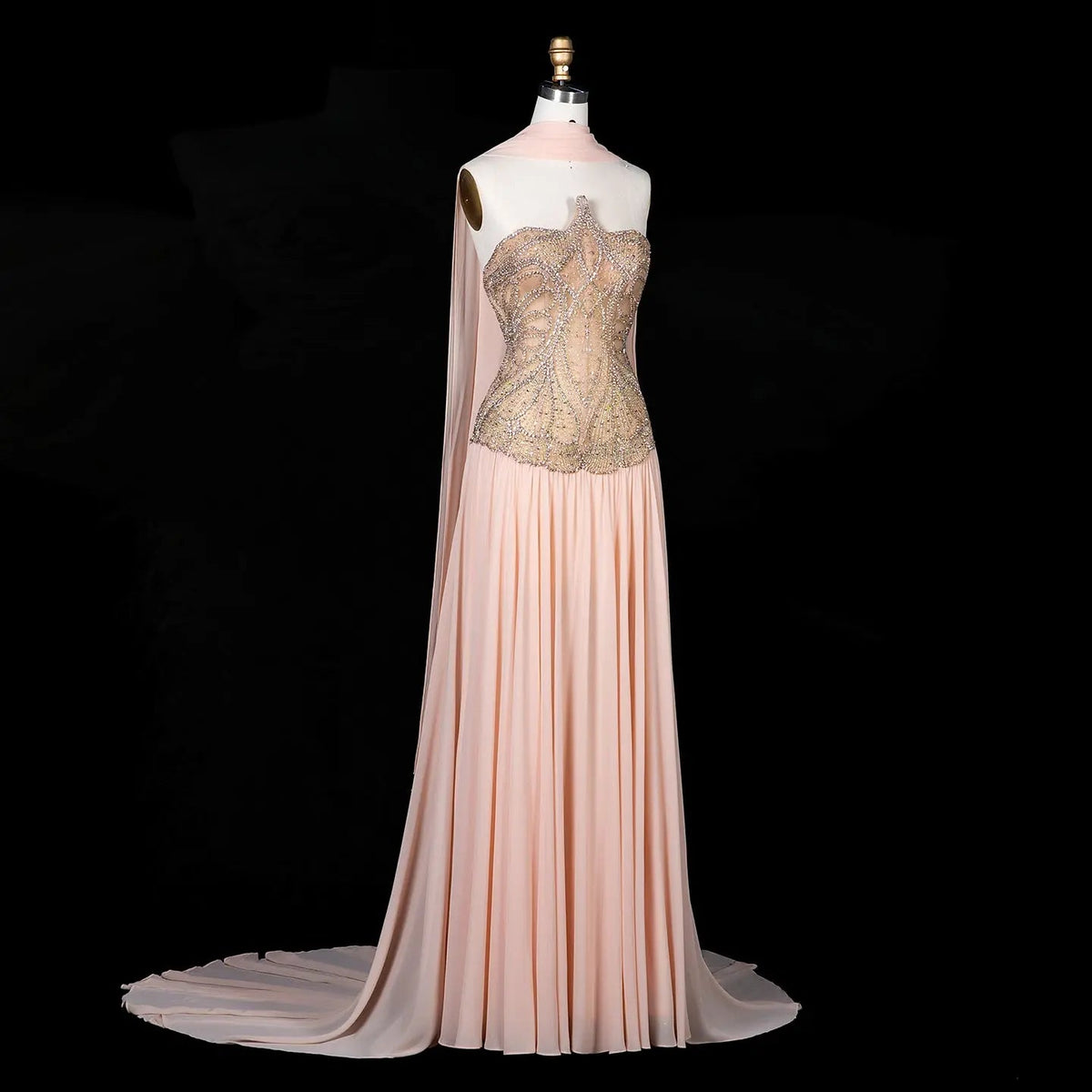 SS203 Pink beaded high-neck chiffon cape evening dress