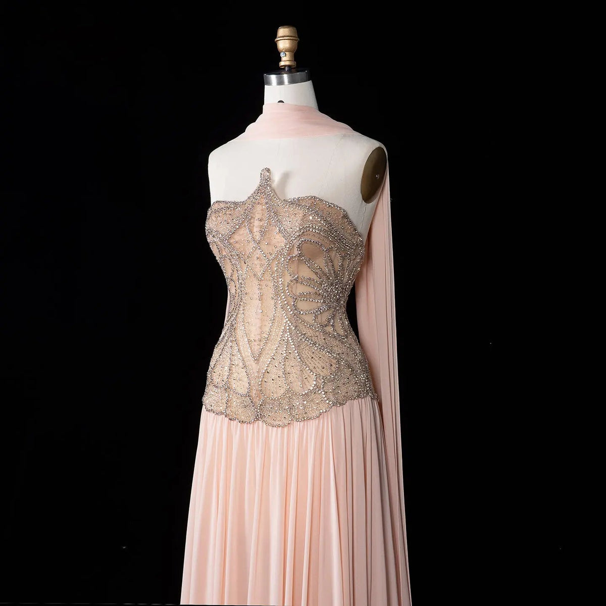SS203 Pink beaded high-neck chiffon cape evening dress