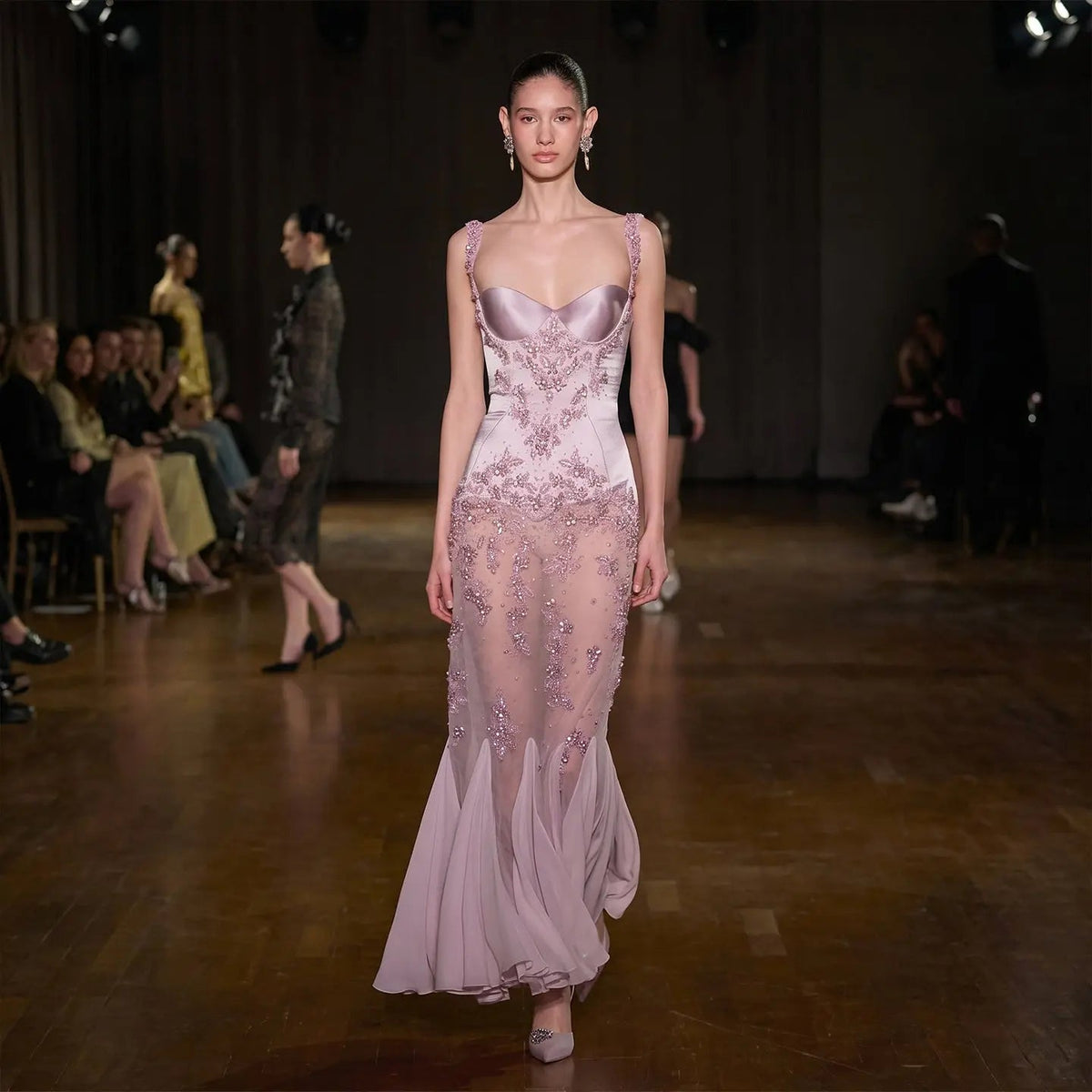 SS211 Pink beaded sweetheart corset mermaid evening dress