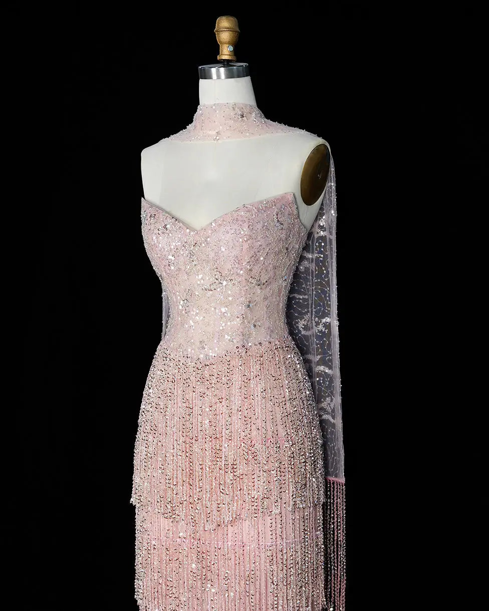 SS240 pink beaded fringe high neck evening gown